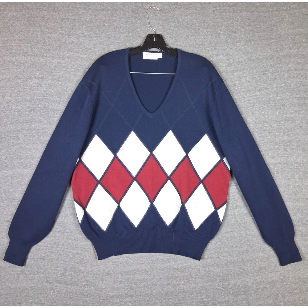 St Croix Mens Sweater XL Blue Red Argyle 100% Zephyr Wool Vintage Preppy 90s Y2K
